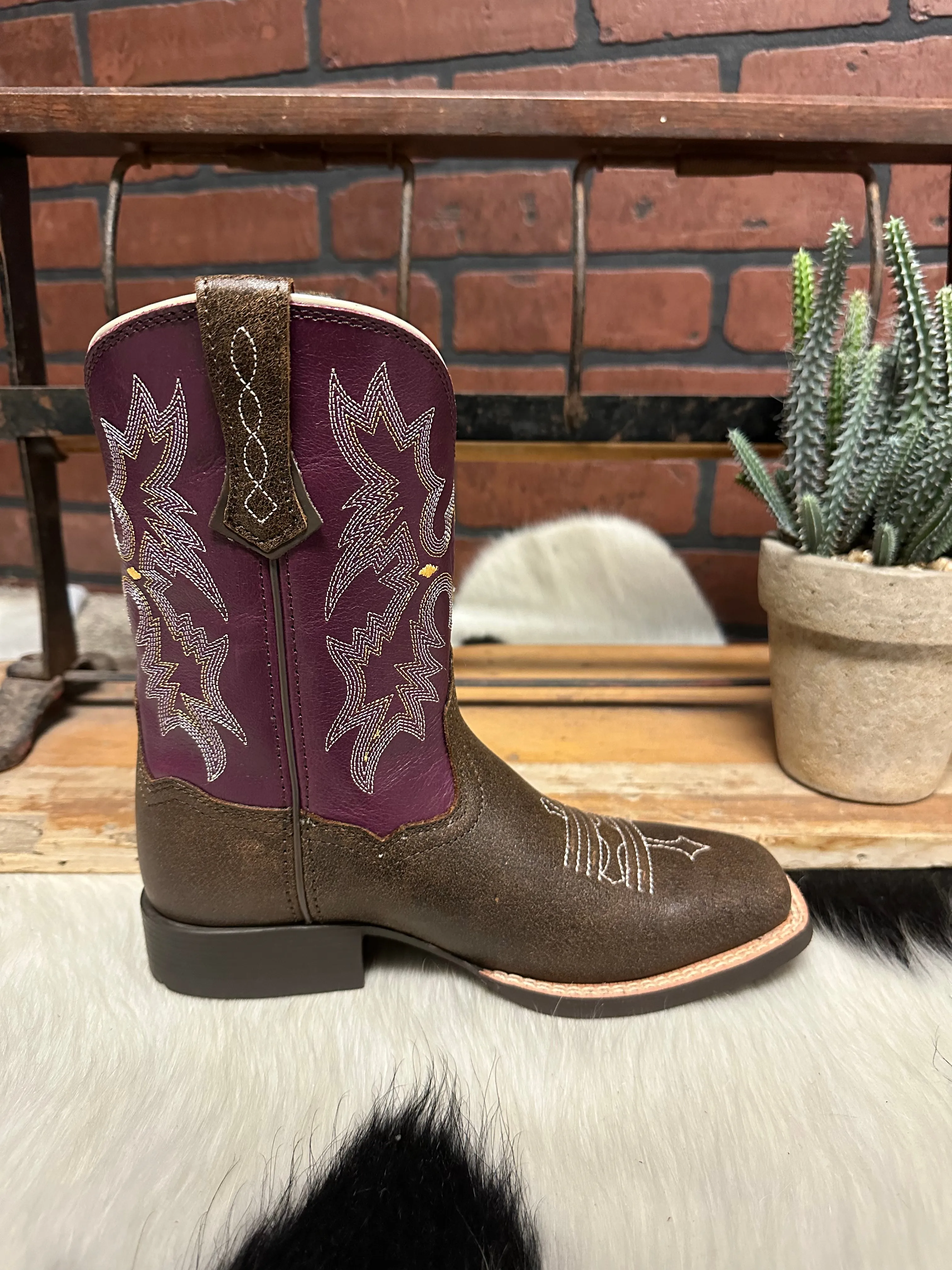 Ariat Children's/Youth Tombstone Brown/Purple Square Toe Western Cowboy Boot 10015390