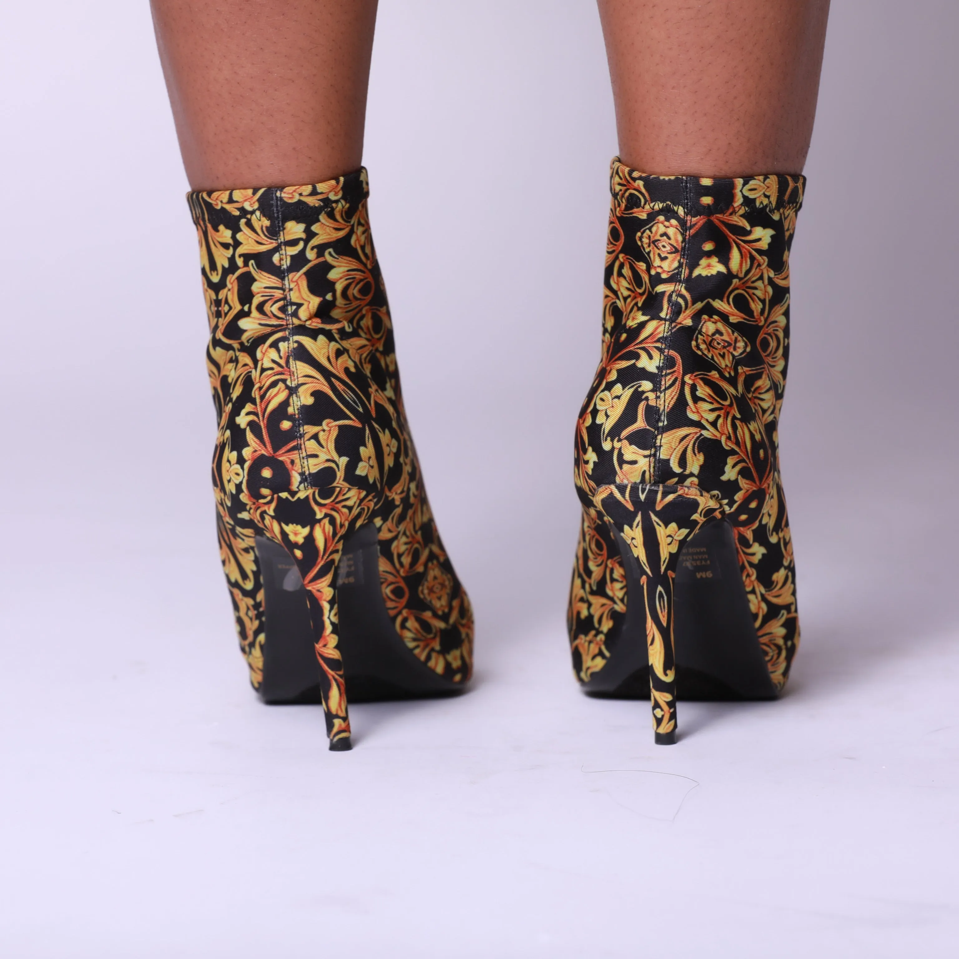 Black/Gold Pattern Print Open Toe Heel Booties