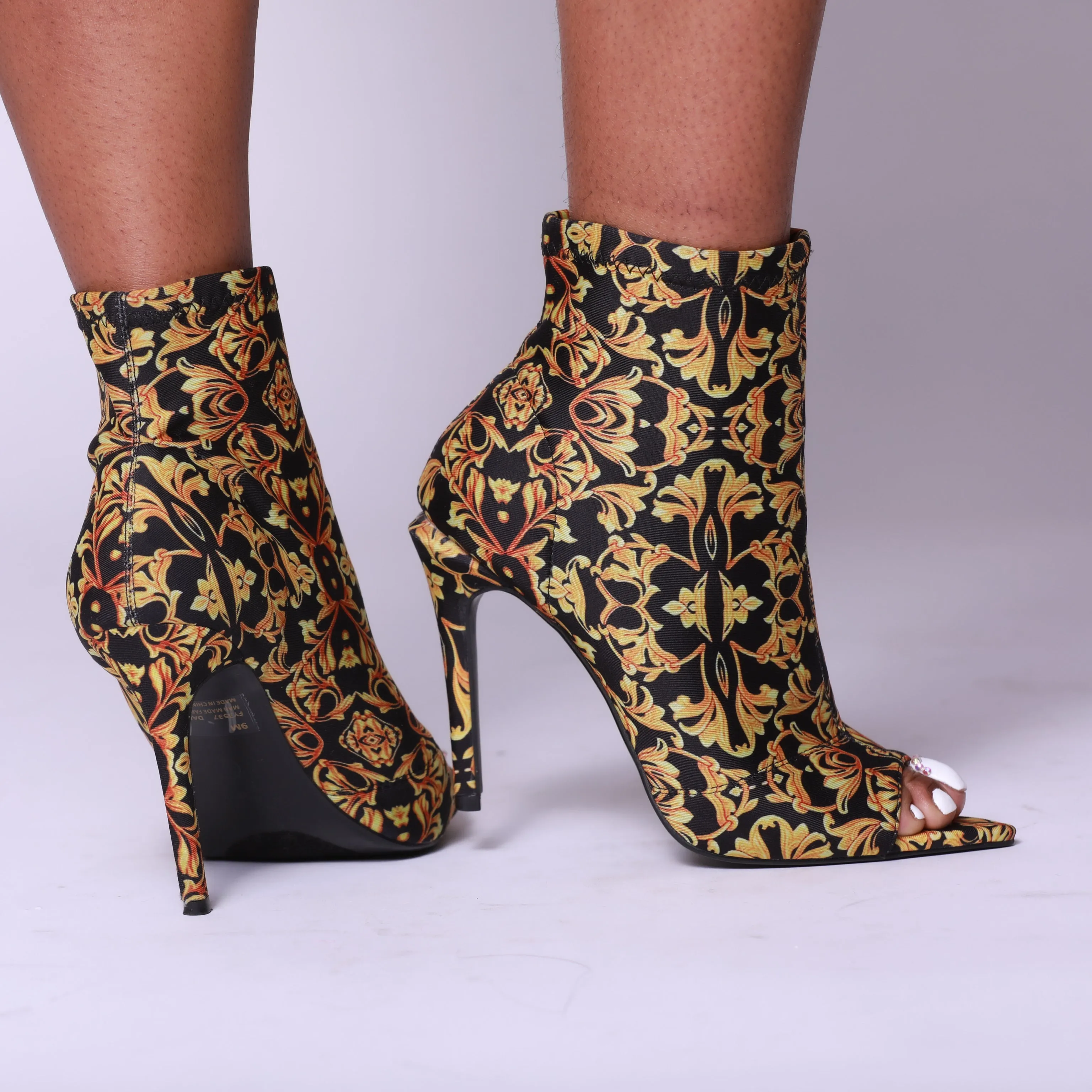 Black/Gold Pattern Print Open Toe Heel Booties