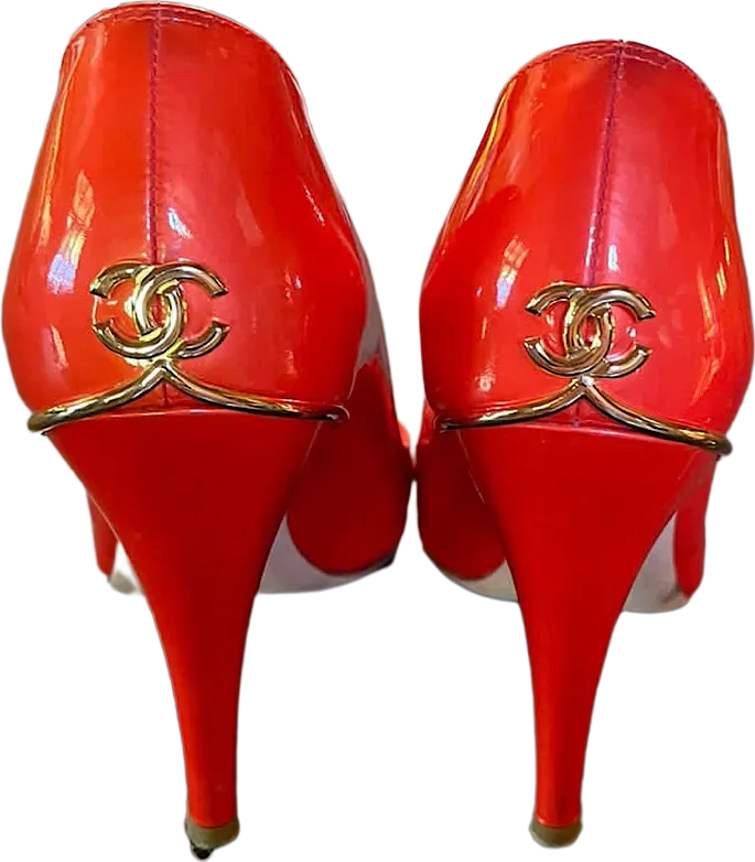 Chanel 08C, 2008 Cruise Patent Leather Orange Peep Toe Pump Heels EU 35.5 US 4.5/5