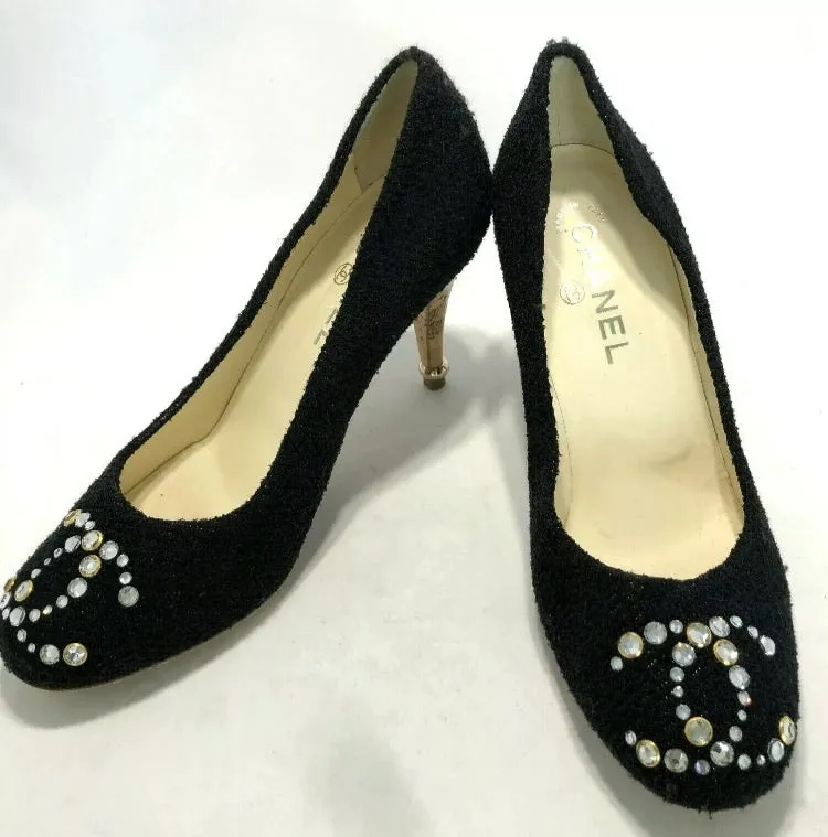 Chanel 12C 2012 Cruise Resort black wool interlocking CC crystal cork screw heels pumps US 7.5/8