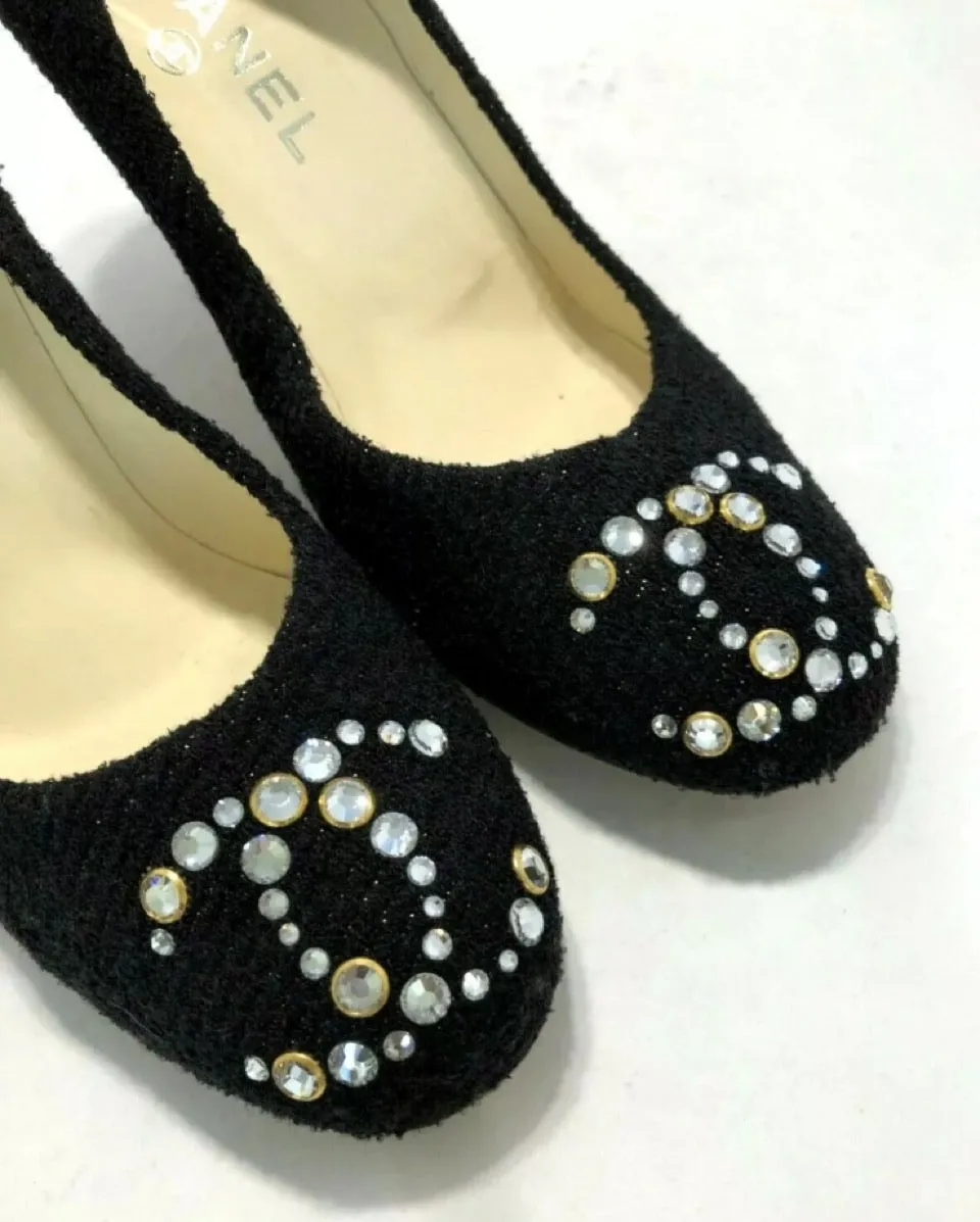 Chanel 12C 2012 Cruise Resort black wool interlocking CC crystal cork screw heels pumps US 7.5/8