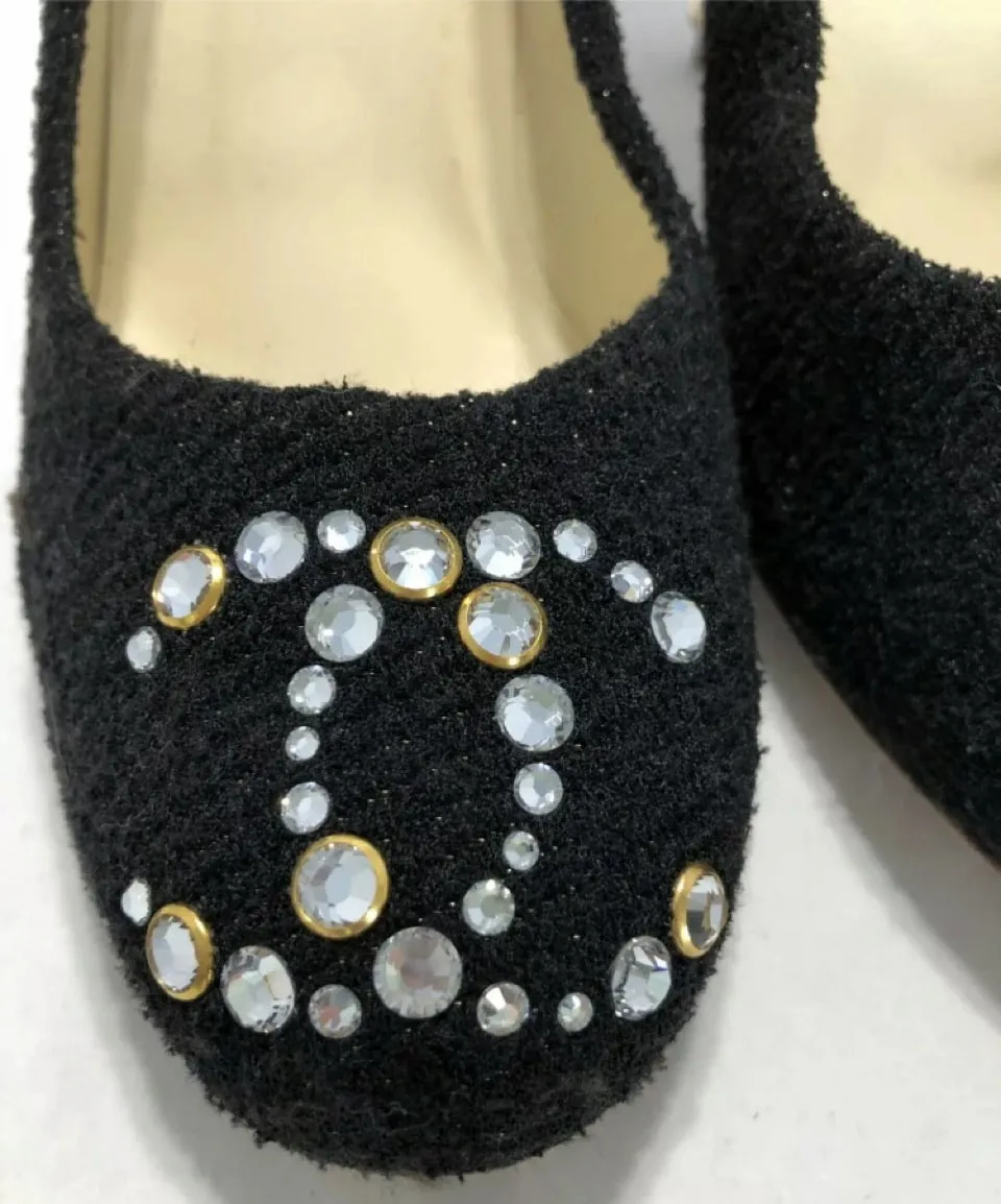 Chanel 12C 2012 Cruise Resort black wool interlocking CC crystal cork screw heels pumps US 7.5/8