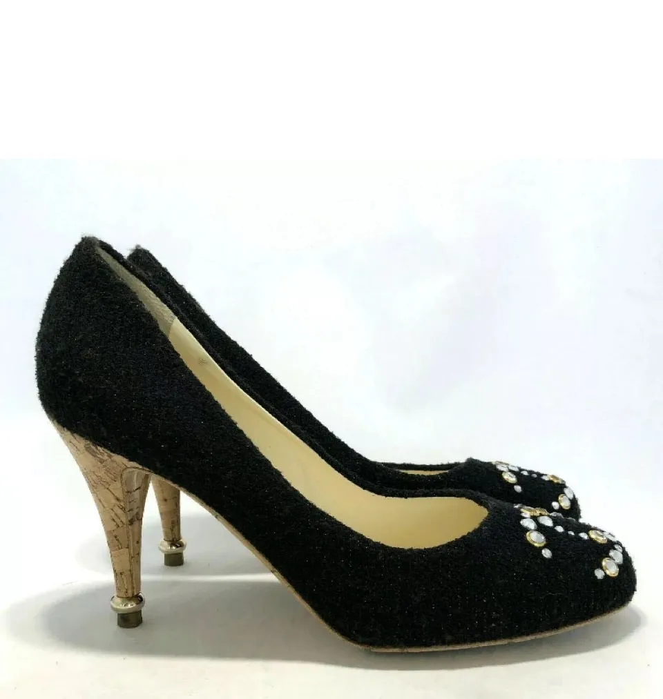 Chanel 12C 2012 Cruise Resort black wool interlocking CC crystal cork screw heels pumps US 7.5/8