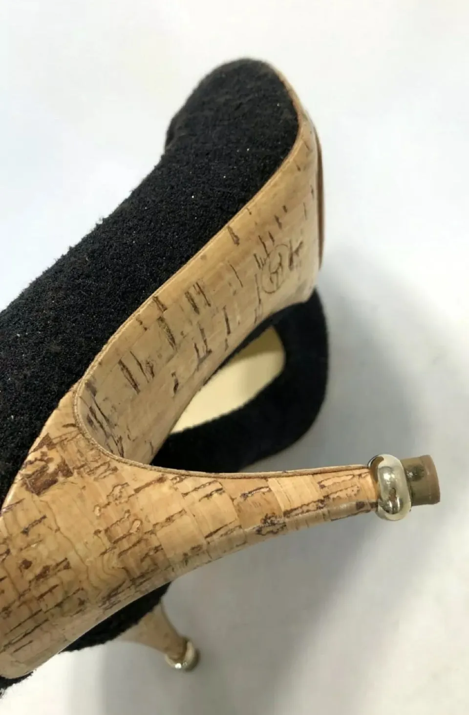 Chanel 12C 2012 Cruise Resort black wool interlocking CC crystal cork screw heels pumps US 7.5/8