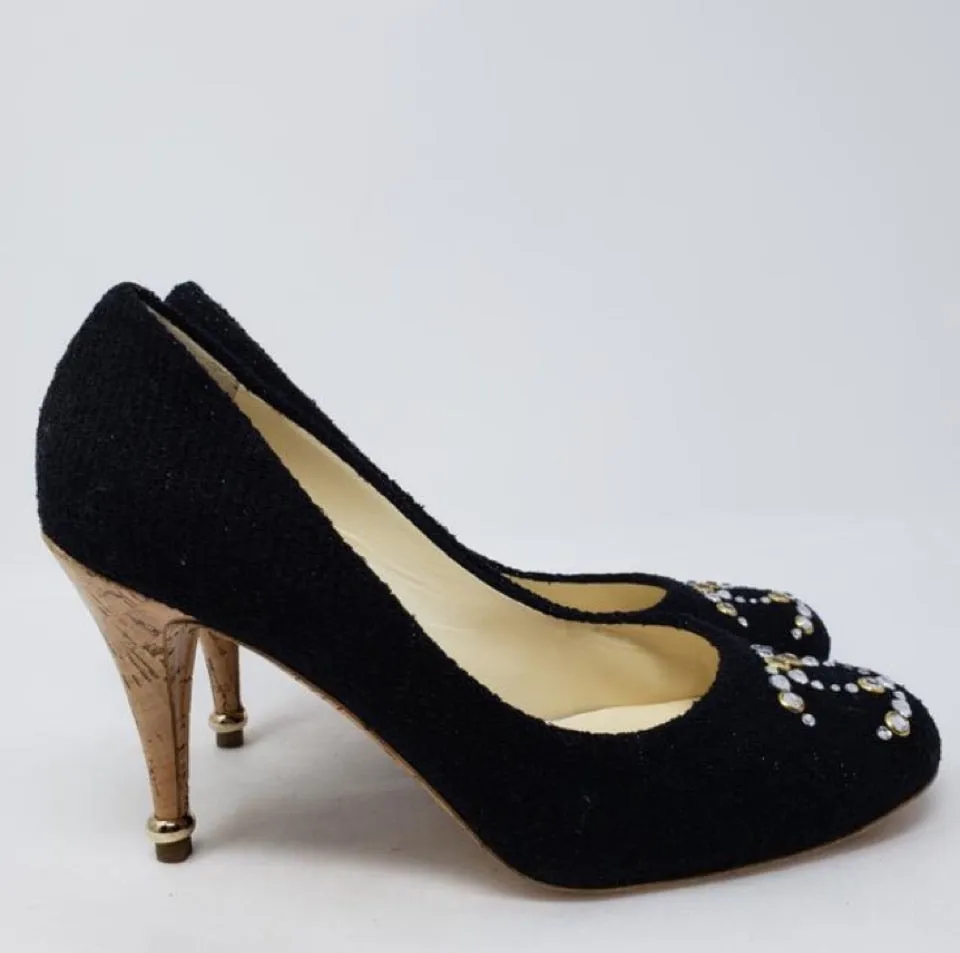 Chanel 12C 2012 Cruise Resort black wool interlocking CC crystal cork screw heels pumps US 7.5/8