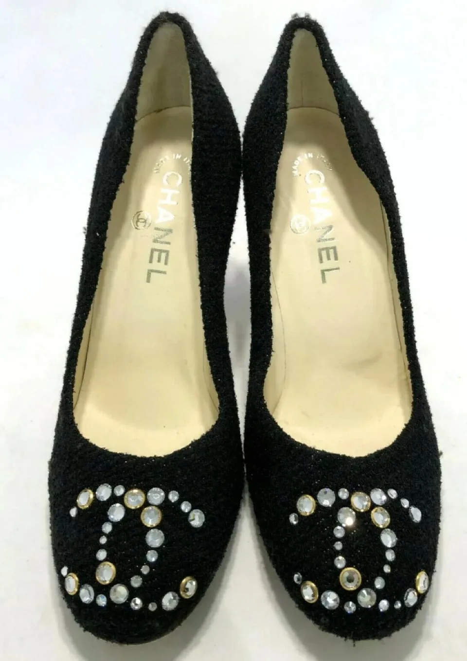 Chanel 12C 2012 Cruise Resort black wool interlocking CC crystal cork screw heels pumps US 7.5/8