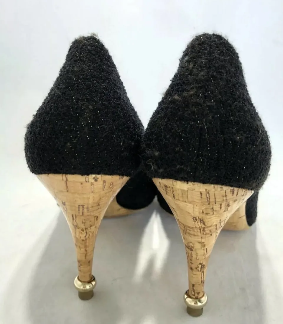 Chanel 12C 2012 Cruise Resort black wool interlocking CC crystal cork screw heels pumps US 7.5/8