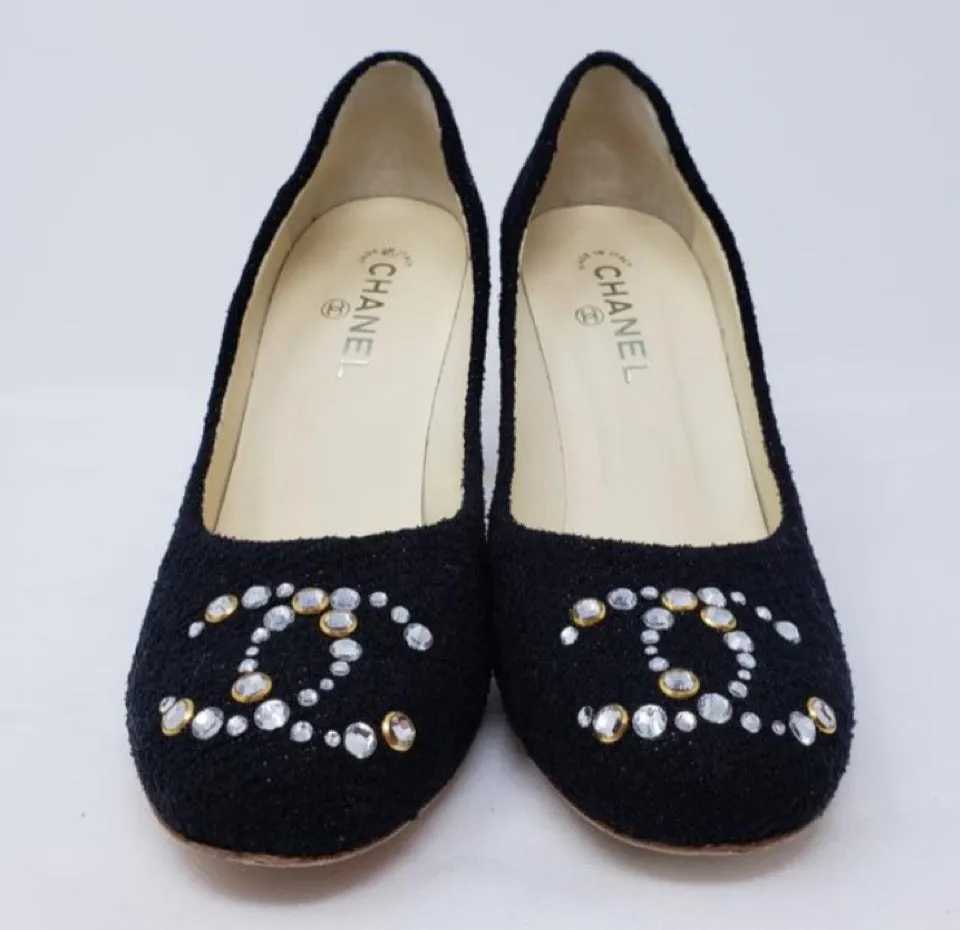 Chanel 12C 2012 Cruise Resort black wool interlocking CC crystal cork screw heels pumps US 7.5/8