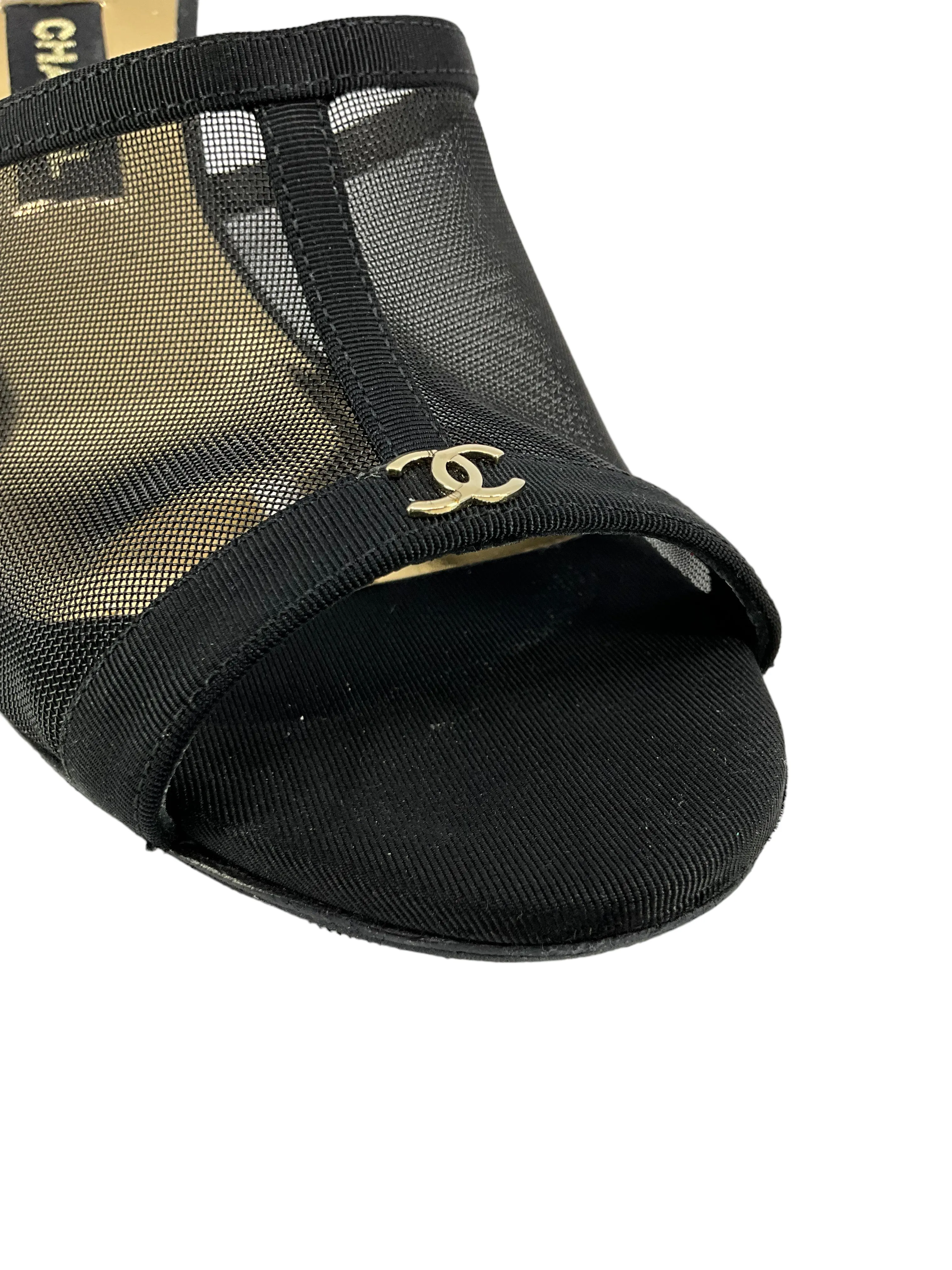 CHANEL 21S Mesh and Grosgrain CC Logo Mules Size 9.5