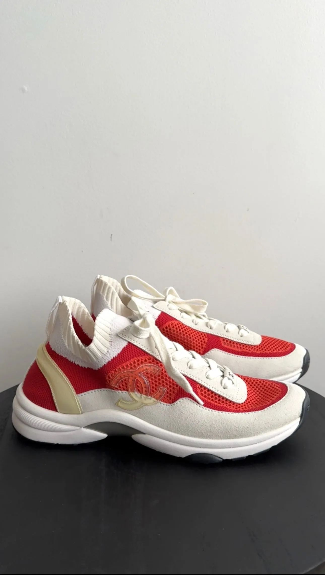 Chanel G36258 Suede and Mesh Knit Red White Sneakers -  40 / 39