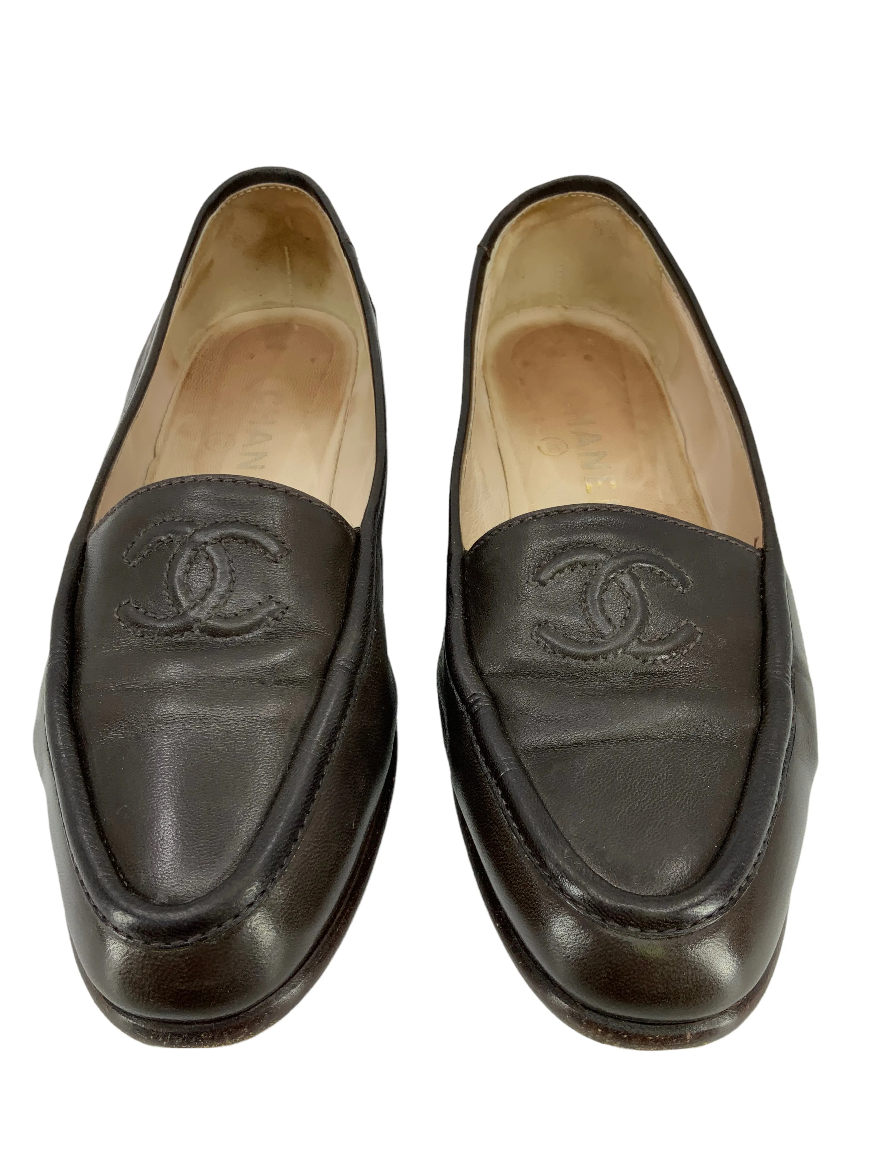 CHANEL Lambskin Leather CC Loafers Size 7.5