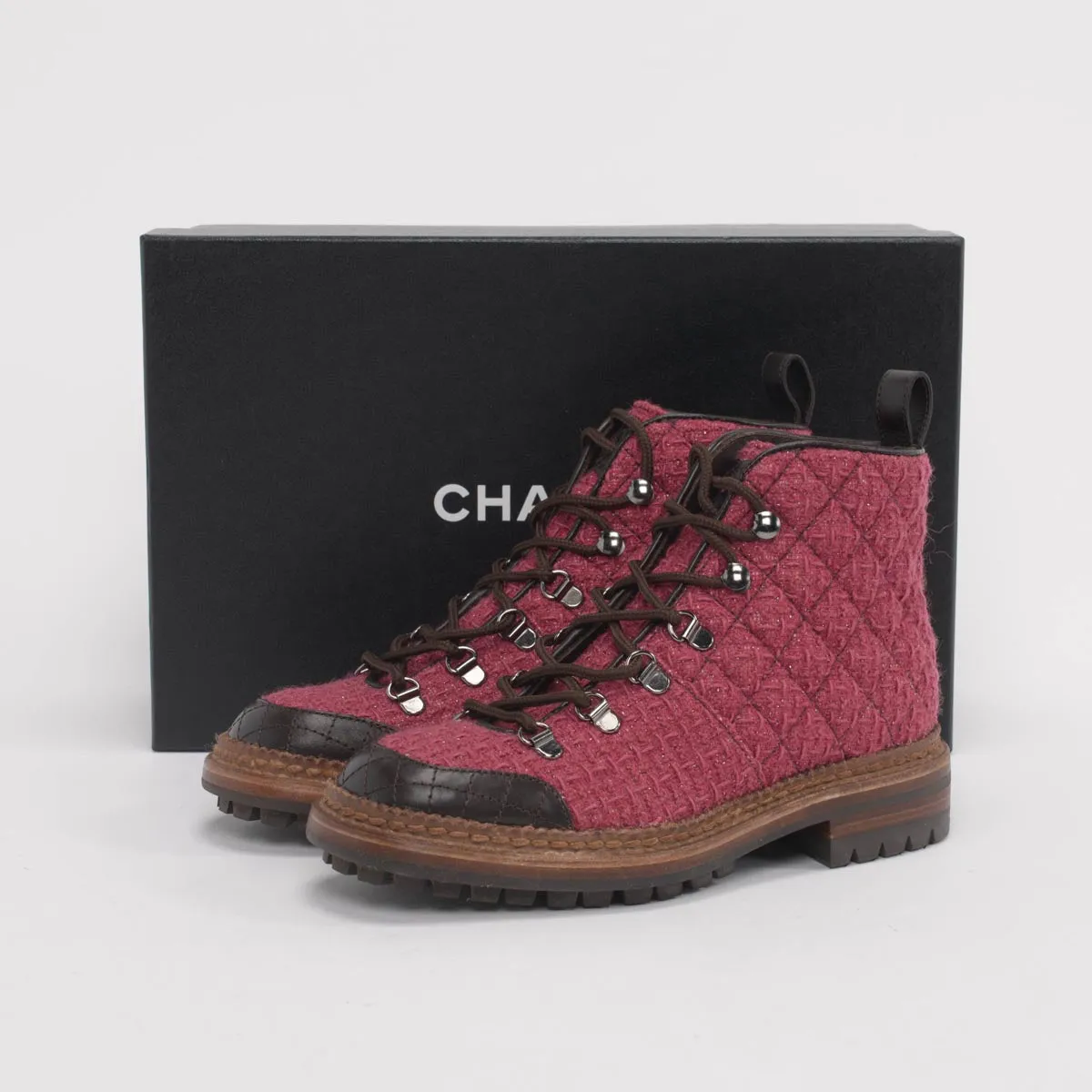 Chanel Magenta Tweed Combat Boots 36