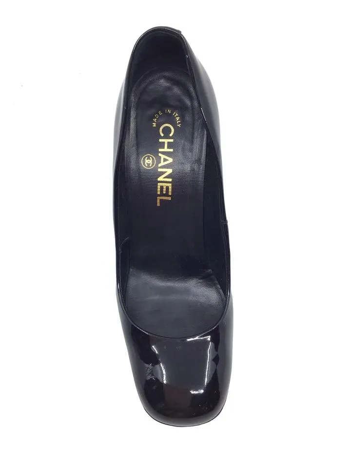 Chanel Patent Leather Metal Logo Heel Pumps Size 7.5