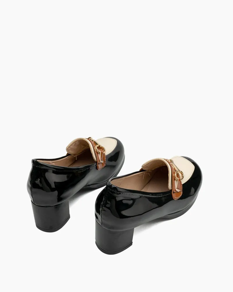 (Clean Up) Classic Metal Buckle Colorblock Chunky Heeled Loafers