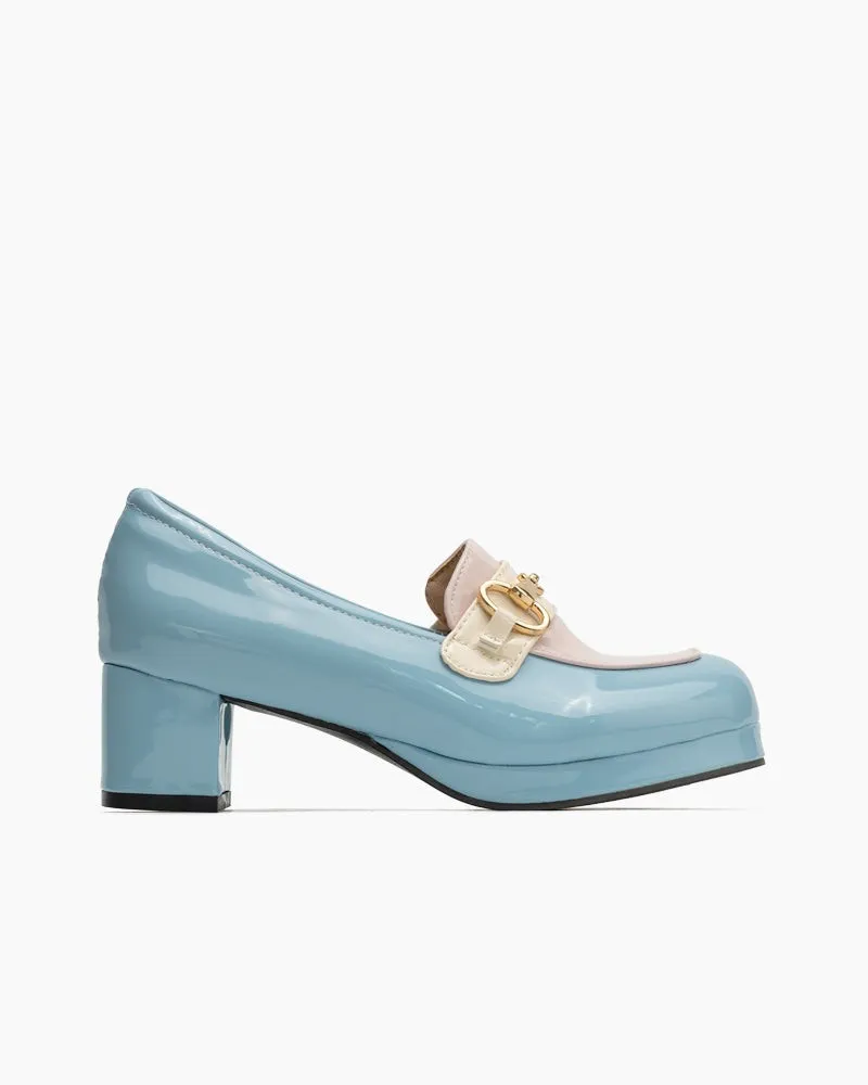 (Clean Up) Classic Metal Buckle Colorblock Chunky Heeled Loafers