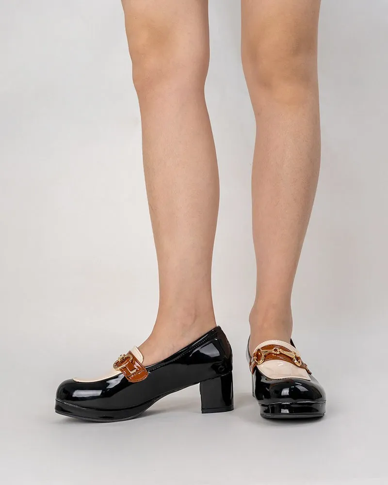 (Clean Up) Classic Metal Buckle Colorblock Chunky Heeled Loafers