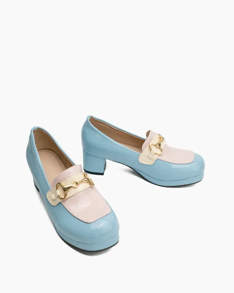 (Clean Up) Classic Metal Buckle Colorblock Chunky Heeled Loafers