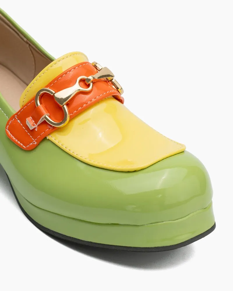 (Clean Up) Classic Metal Buckle Colorblock Chunky Heeled Loafers