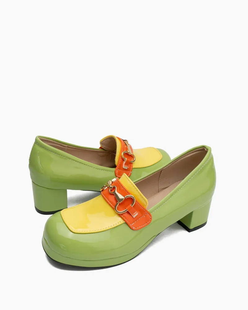 (Clean Up) Classic Metal Buckle Colorblock Chunky Heeled Loafers