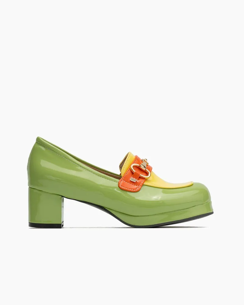 (Clean Up) Classic Metal Buckle Colorblock Chunky Heeled Loafers