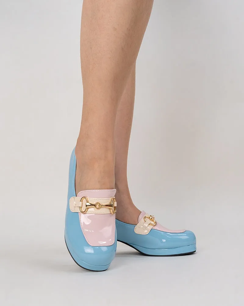 (Clean Up) Classic Metal Buckle Colorblock Chunky Heeled Loafers