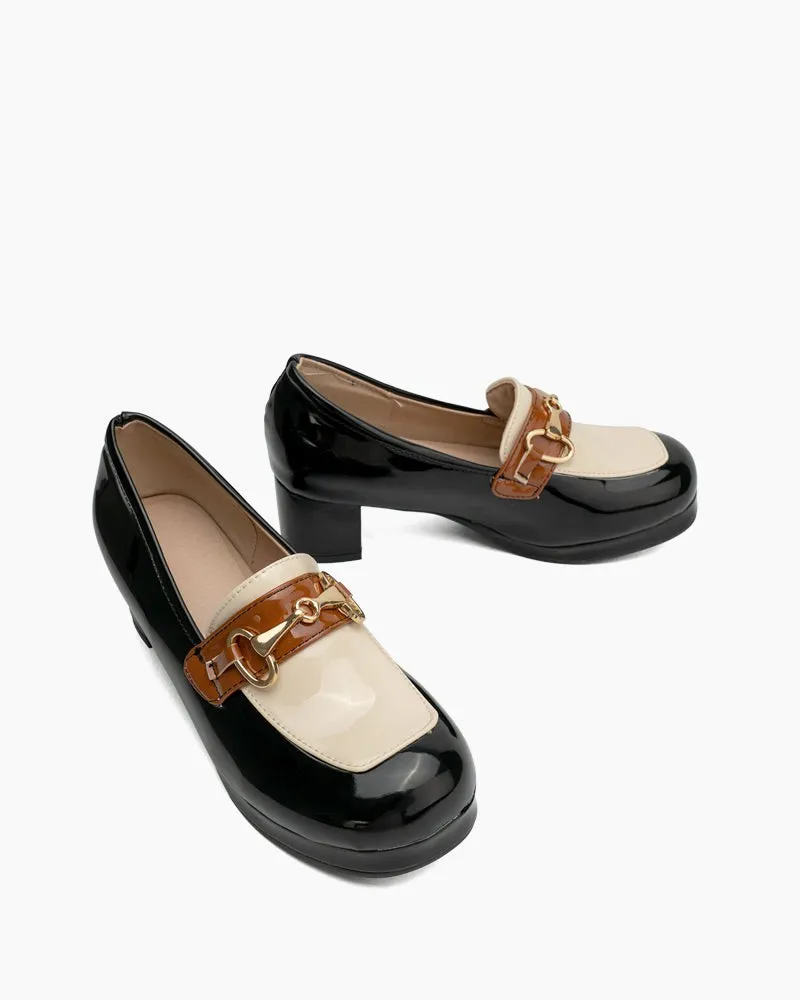 (Clean Up) Classic Metal Buckle Colorblock Chunky Heeled Loafers