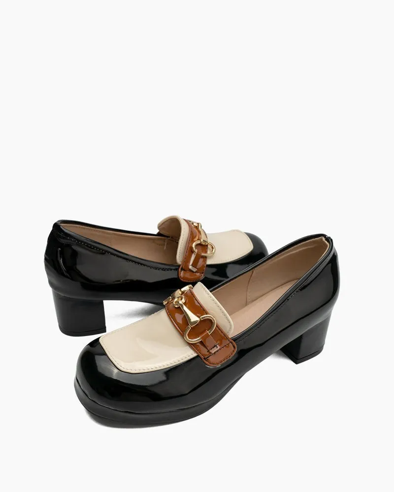 (Clean Up) Classic Metal Buckle Colorblock Chunky Heeled Loafers