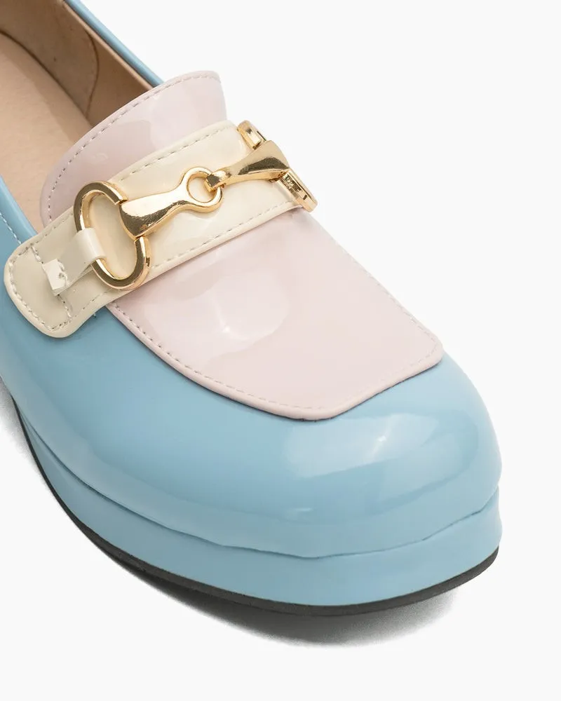 (Clean Up) Classic Metal Buckle Colorblock Chunky Heeled Loafers