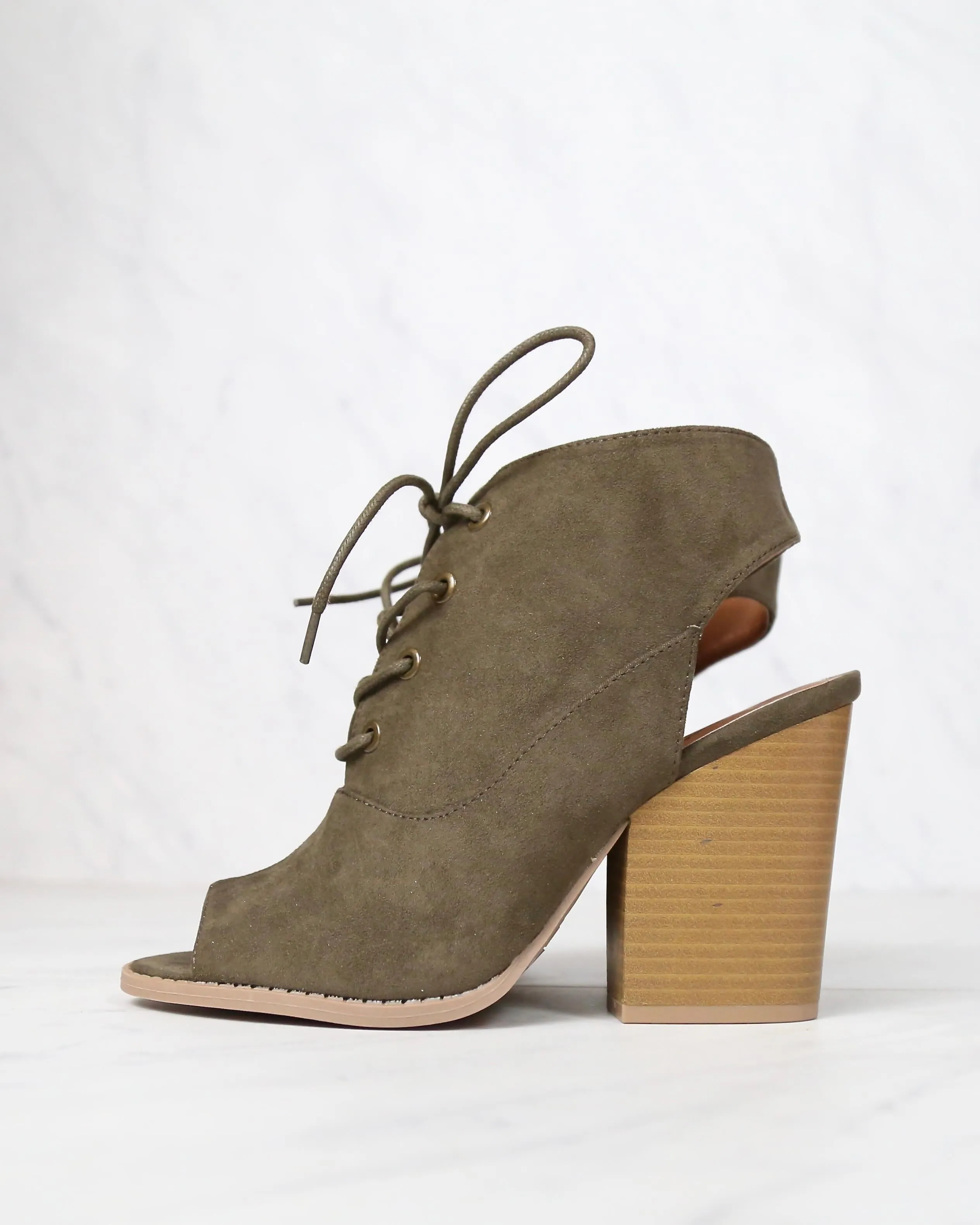 Final Sale - Adventure Lace Up Peep Toe Suede Booties in Khaki