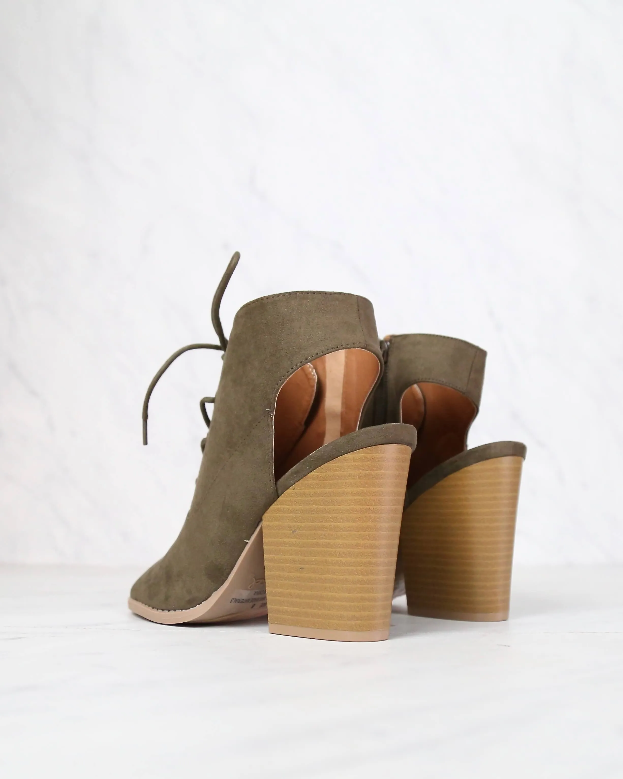 Final Sale - Adventure Lace Up Peep Toe Suede Booties in Khaki