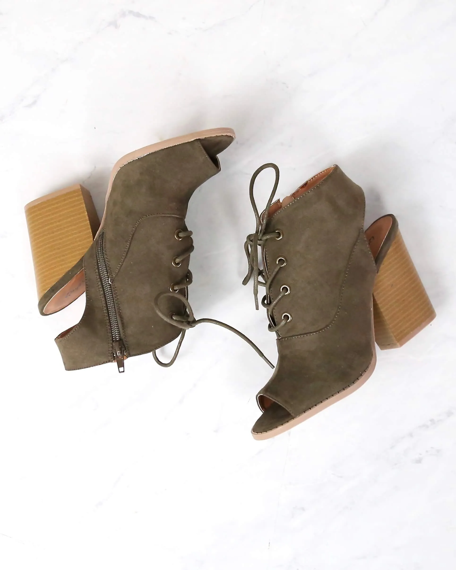 Final Sale - Adventure Lace Up Peep Toe Suede Booties in Khaki