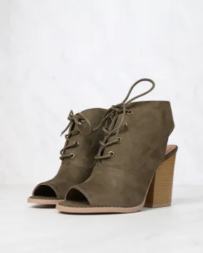 Final Sale - Adventure Lace Up Peep Toe Suede Booties in Khaki