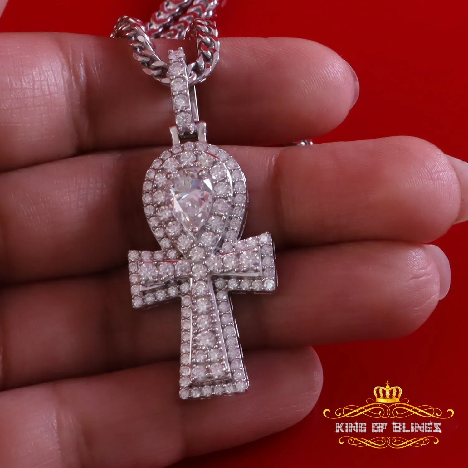 King Of Bling's New Men's White Silver 3.50ct VVS 'D' Moissanite Charm Ankh Pendant Womens