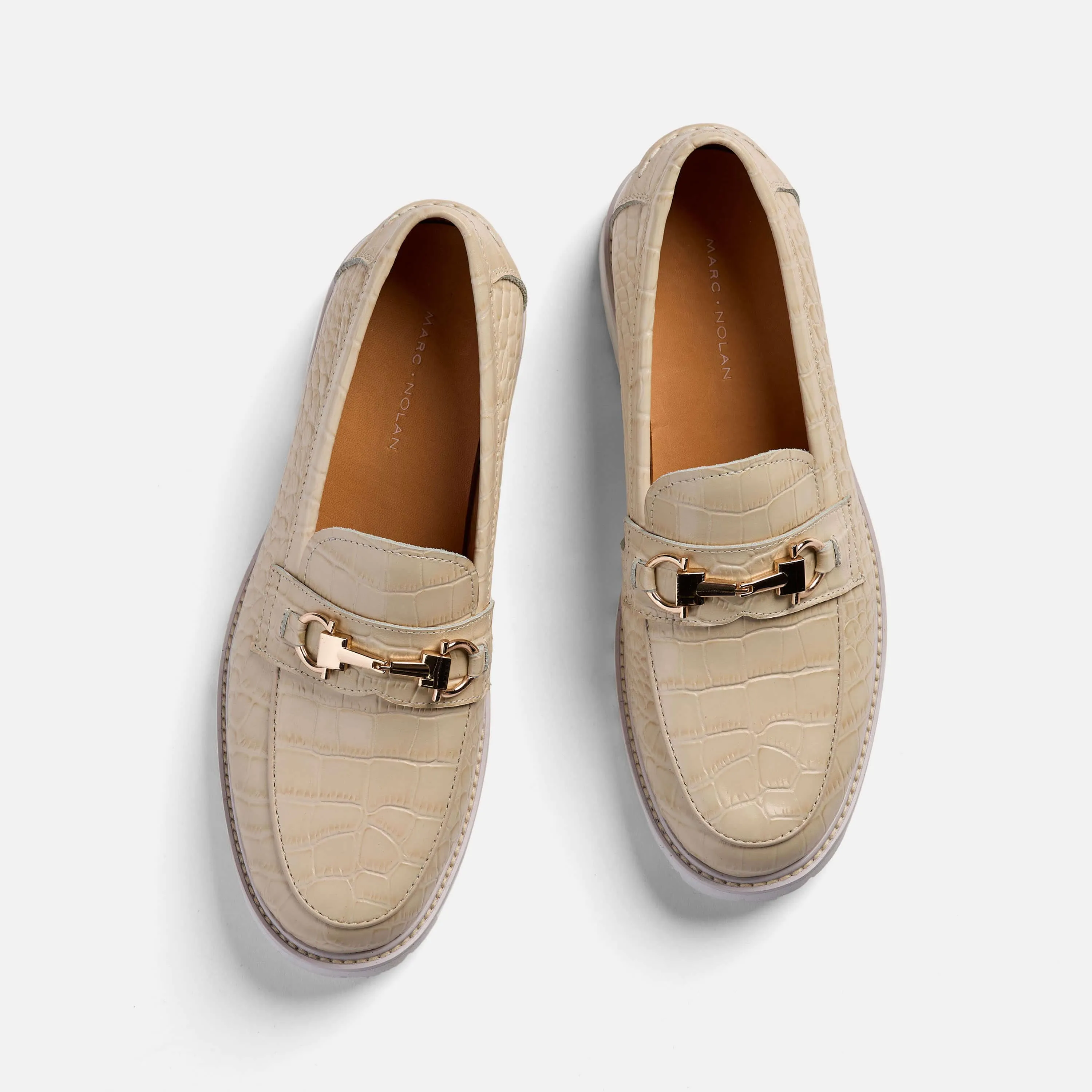 Ms. Boulevard Beige Croc Leather Bit Loafers