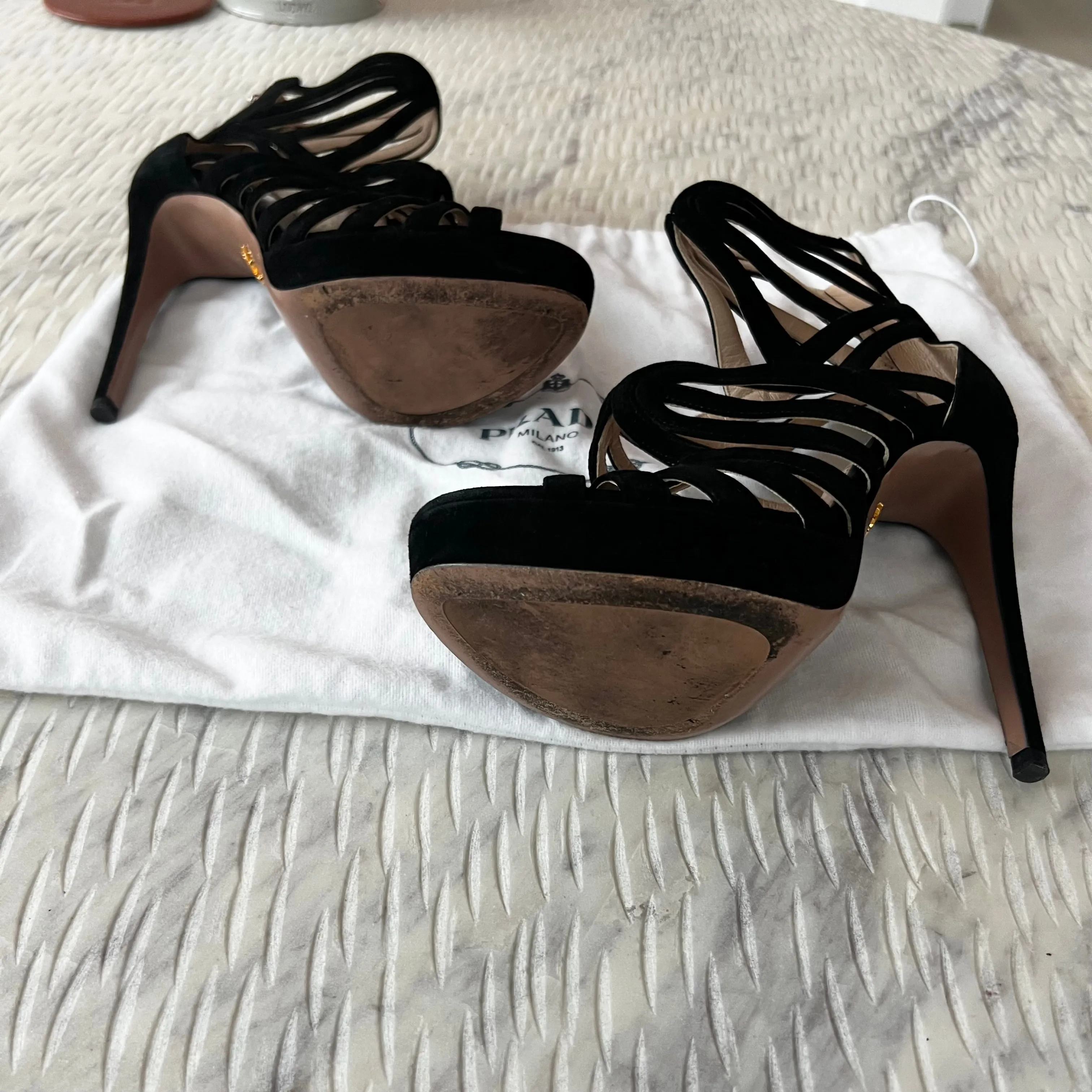 Prada Caged Black Suede Heels