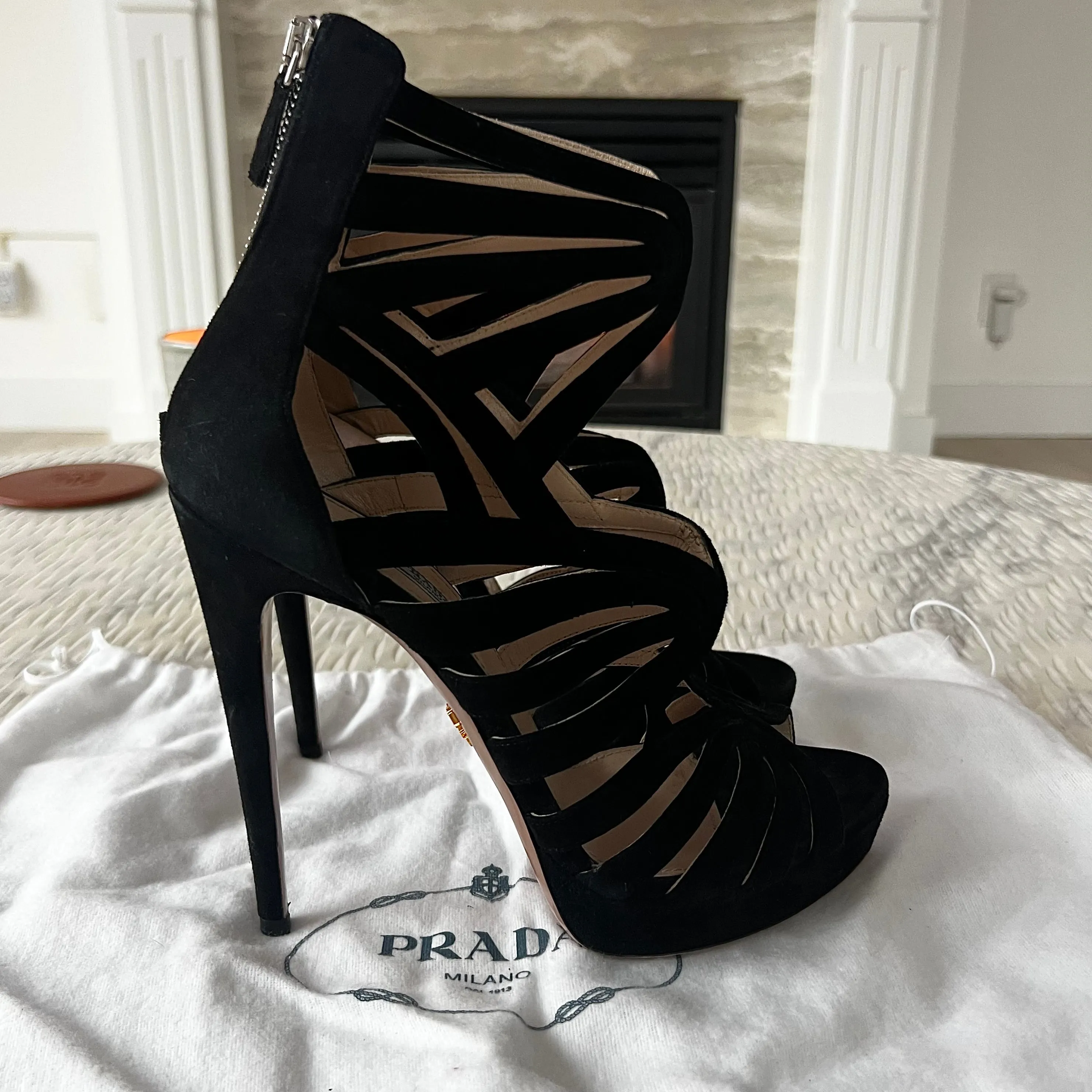 Prada Caged Black Suede Heels